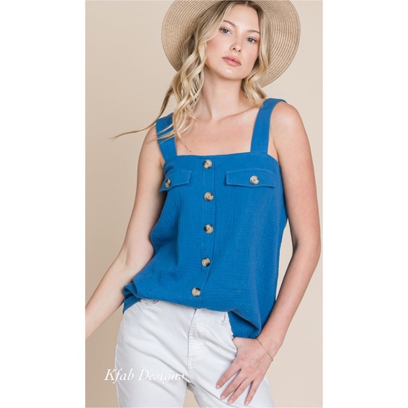 LAST 2! Go To Perry Blue Cotton Sleeveless Top with Button Detail! - Picture 3 of 4